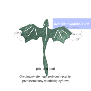 Zielony smok w stylu linorytu – ręcznie wykonany stempel cyfrowy z wyraźną fakturą, ilustracja smoka do scrapbookingu, teł i prac kreatywnych.