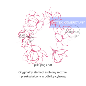 Różowy wianek z kwiatów w stylu rysunkowym – ręcznie wykonany stempel cyfrowy z delikatną linią, ilustracja do scrapbookingu, teł i projektów kreatywnych.