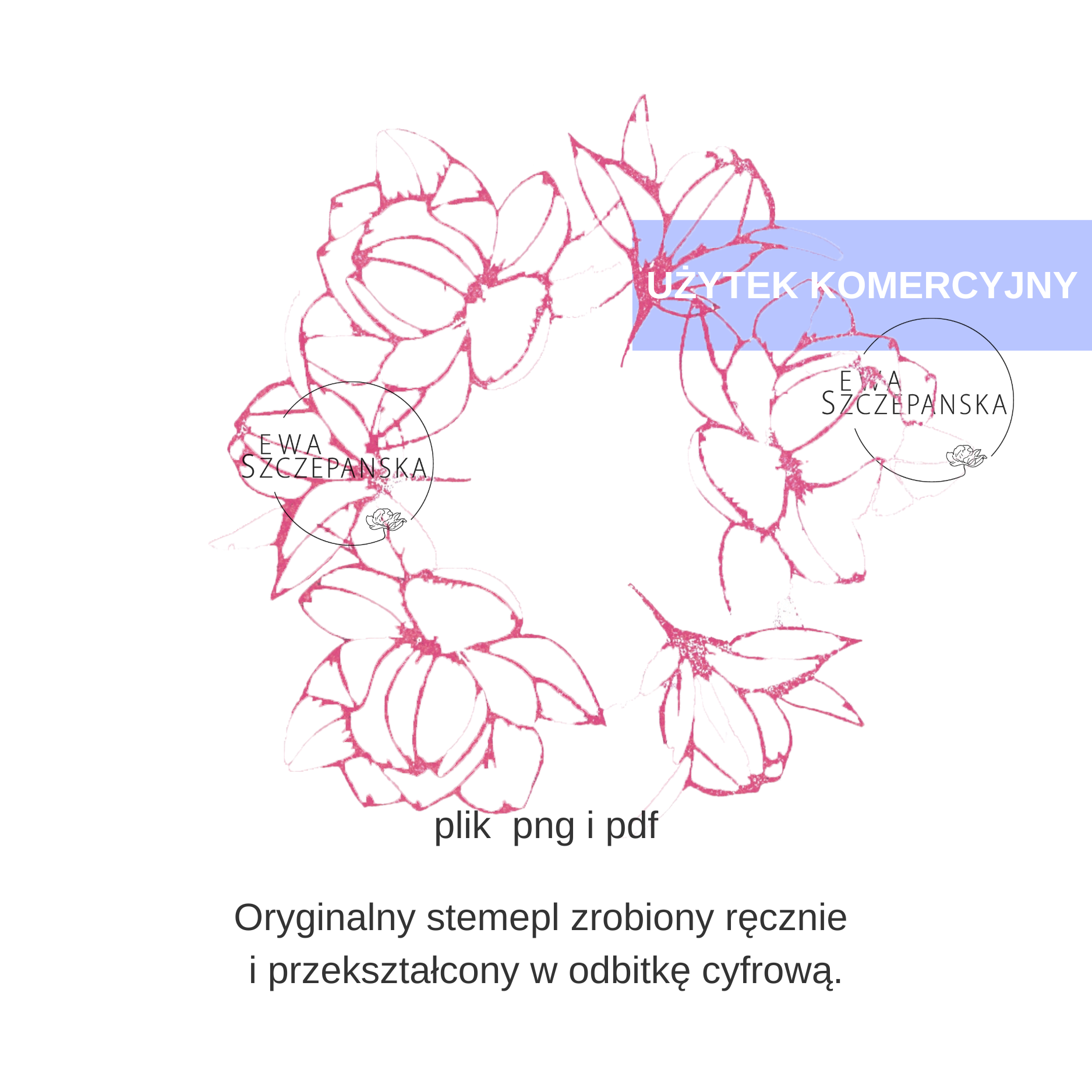 Różowy wianek z kwiatów w stylu rysunkowym – ręcznie wykonany stempel cyfrowy z delikatną linią, ilustracja do scrapbookingu, teł i projektów kreatywnych.