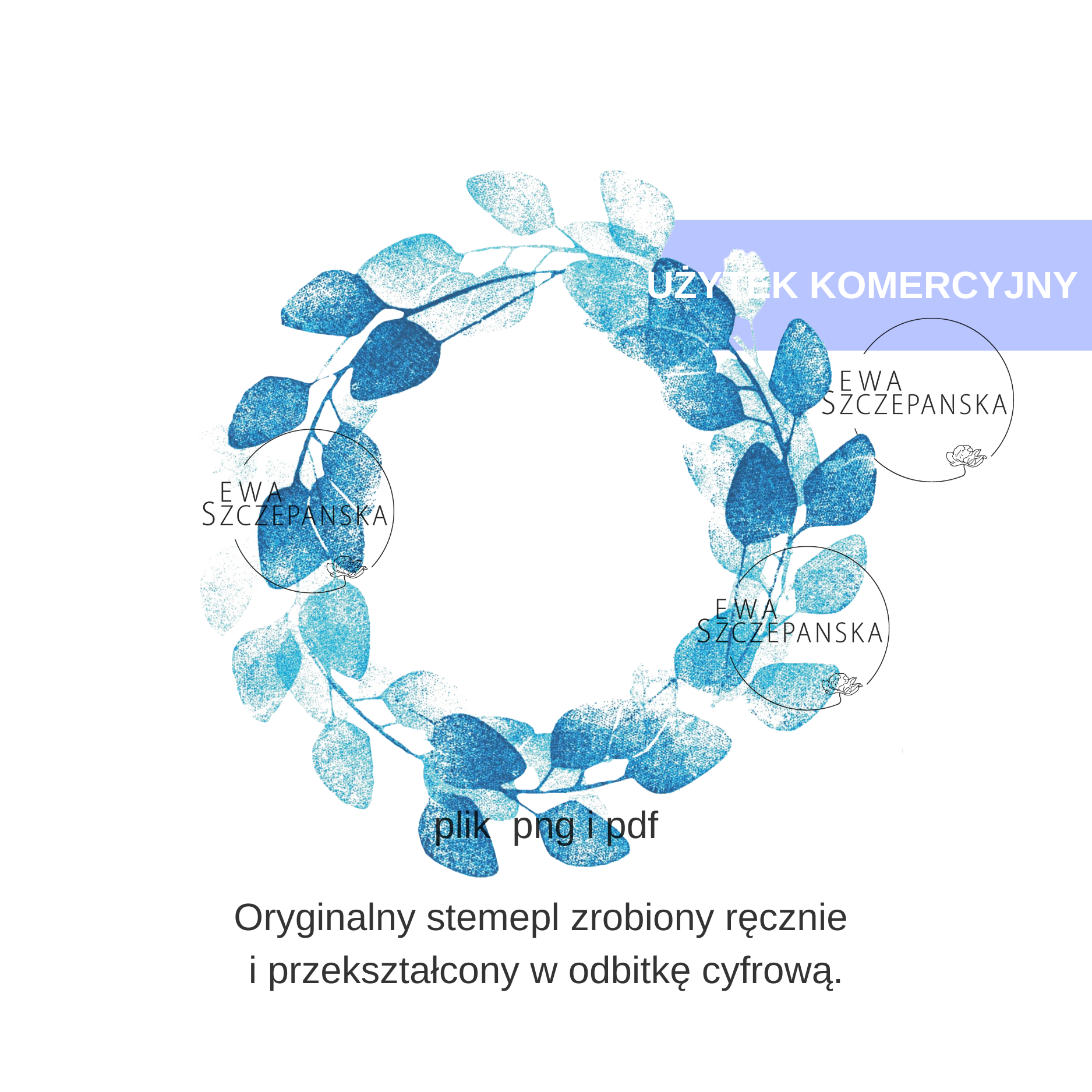 Niebieski wianek z liści w stylu stempla – ręcznie rzeźbiona ilustracja botaniczna z wyraźną fakturą, cyfrowa grafika do teł i projektów kreatywnych.